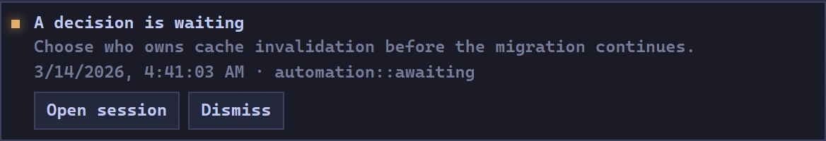 An alert asks who should own cache invalidation, with Open session and Dismiss controls.