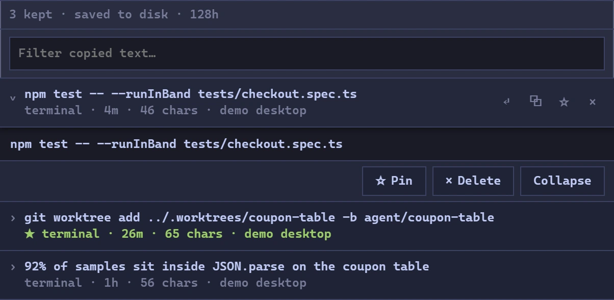 Shared clipboard history with a full command expanded, Insert and Copy controls, and a pinned entry.