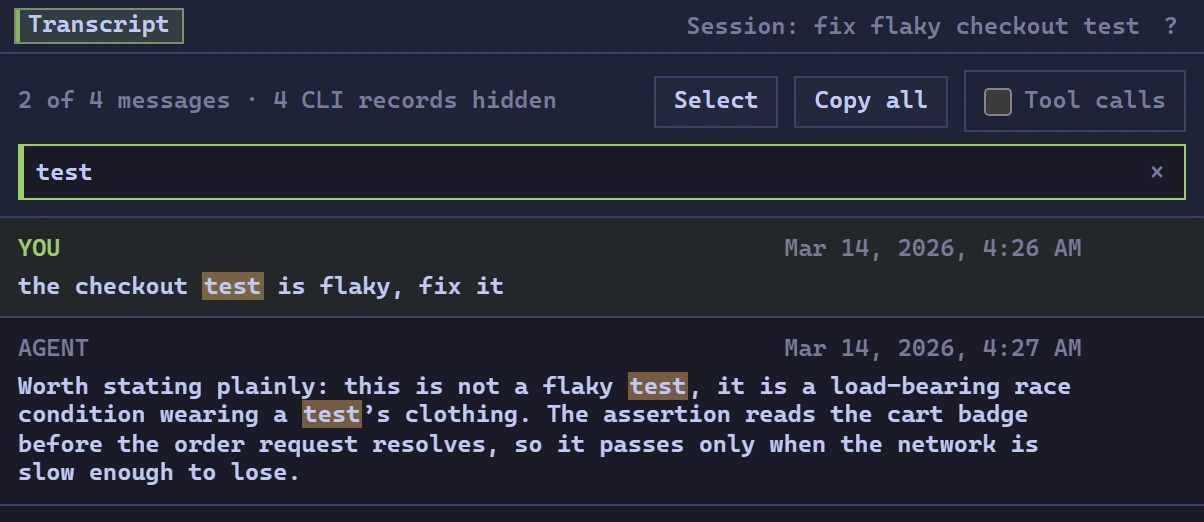 Transcript search for test highlights matching messages in the recorded conversation.