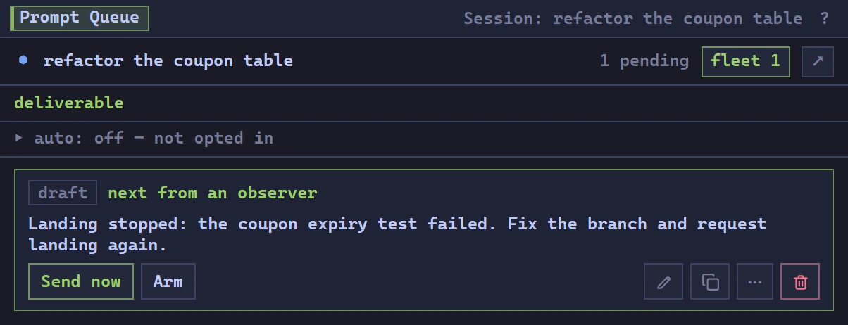 The branch owner receives a queued failure message: the coupon expiry test failed and landing stopped.