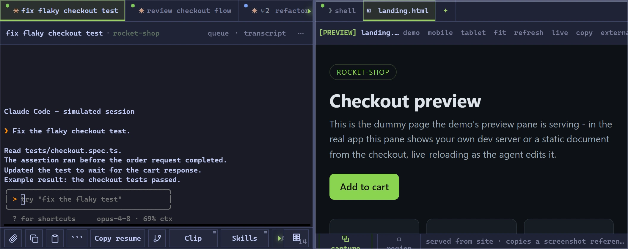 Two pane stacks, with agent tabs on the left and shell and checkout preview tabs on the right.