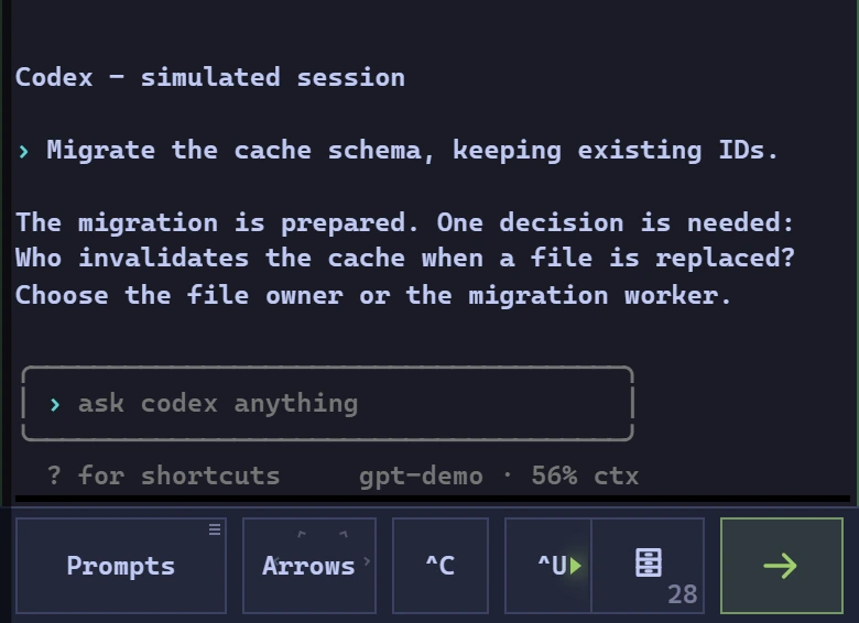 A waiting agent question, editable prompt and touch controls for arrows, Ctrl+C and sending, cropped from the phone layout.