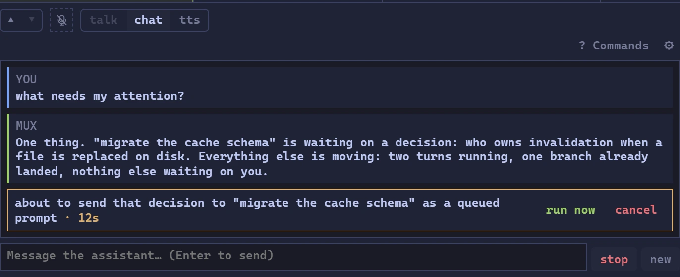 Assistant chat with talk, chat and text-to-speech modes, a reply identifying a waiting agent, and a proposed message with Run now and Cancel controls.